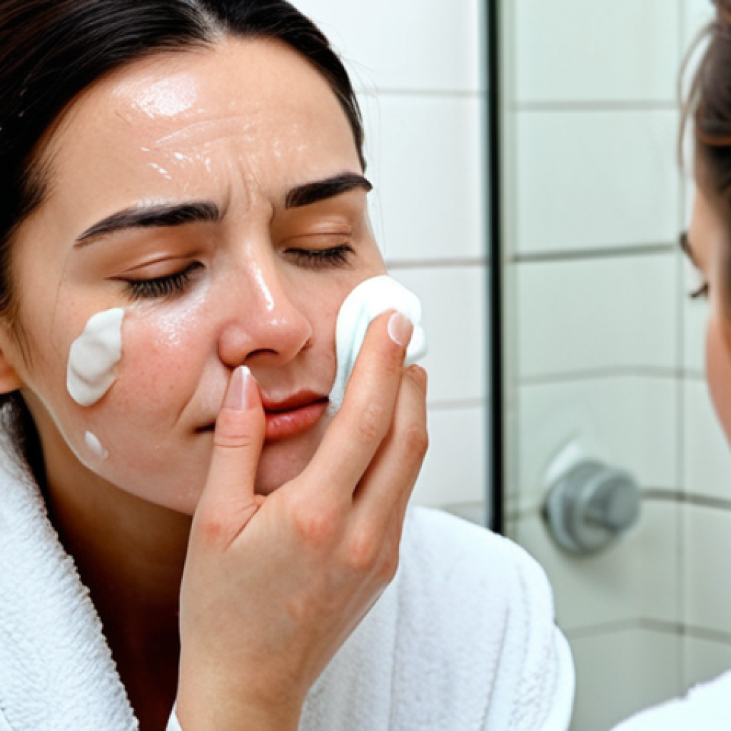 Managing Bruising and Swelling**
Prompt: A woman applying a cold compress to her cheek, with slight bruising visible. She is in a well-lit, comfortable bathroom. Arnica cream is visible on the counter. Safe for work. Appropriate content. Fully clothed in a comfortable robe. Professional photography, showcasing skincare and self-care. Perfect anatomy, natural proportions, modest and family-friendly. Focus on the skincare aspect, not the medical procedure.
**