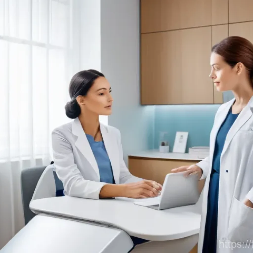 성형외과 추천 지역 - A serene and elegant consultation room in a modern French aesthetic clinic. A female patient, mid-30...