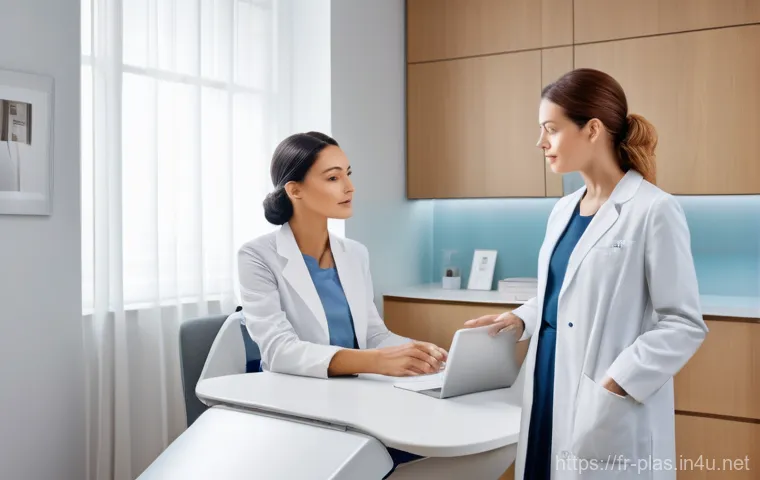 성형외과 추천 지역 - A serene and elegant consultation room in a modern French aesthetic clinic. A female patient, mid-30...