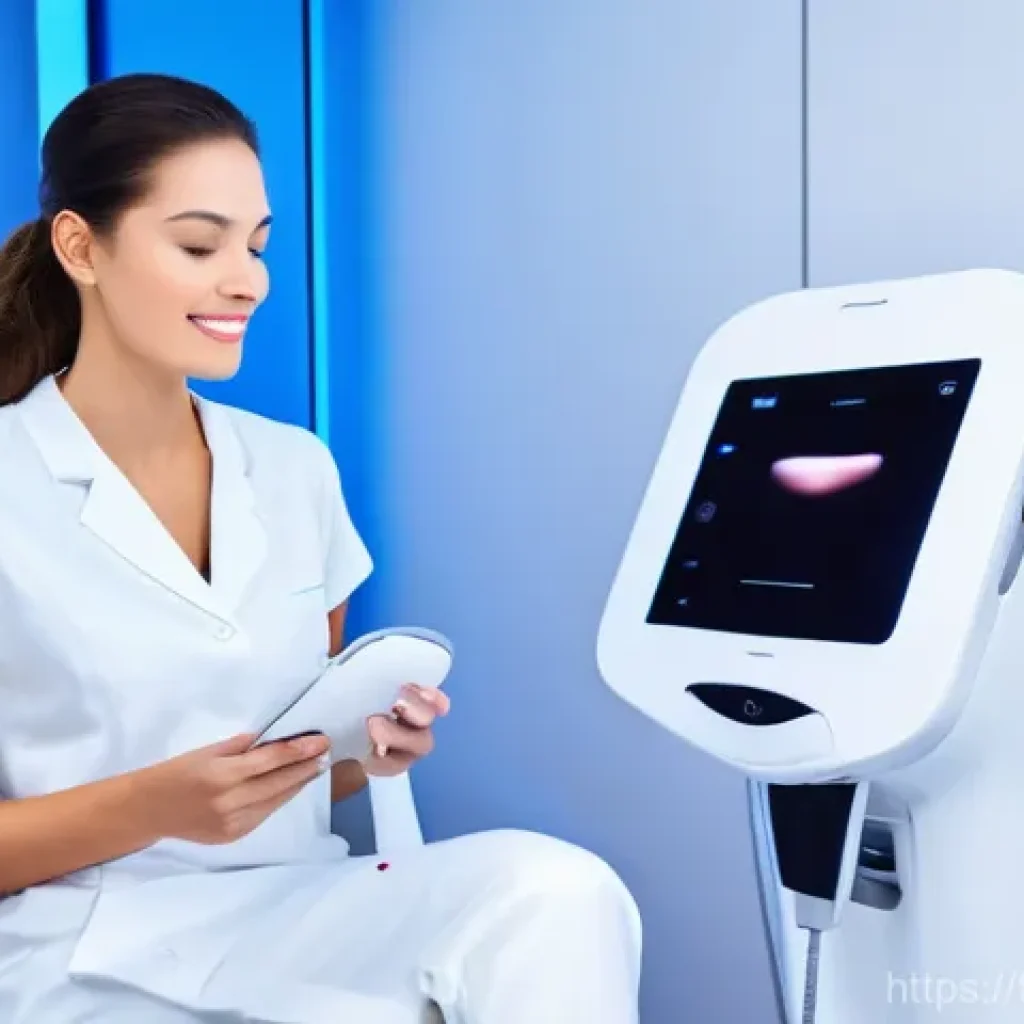 피부과 시술과 성형 차이 - The clinic features minimalist design, ambient lighting, and interactive displays showcasing advance...