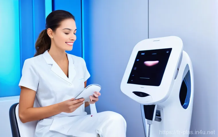 피부과 시술과 성형 차이 - The clinic features minimalist design, ambient lighting, and interactive displays showcasing advance...