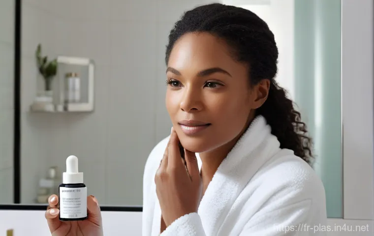 피부 처짐 완화 팁 - **Prompt:** A serene and elegant woman in her late 30s or early 40s, with radiant, firm skin, gently...