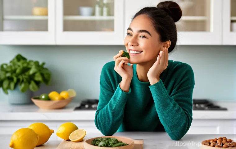 피부 처짐 완화 팁 - **Prompt:** A serene and elegant woman in her late 30s or early 40s, with radiant, firm skin, gently...