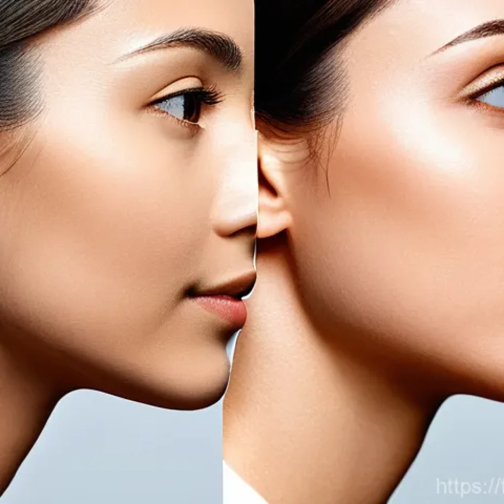 목 지방 제거 시술 - Refined Jawline Transformation: Before and After**
* **Prompt:** A split image, depicting a profe...