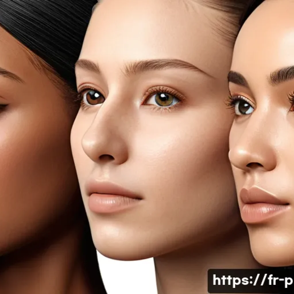 입체적인 코 성형 - A detailed 3D medical illustration of diverse human noses showing various anatomical features such a...