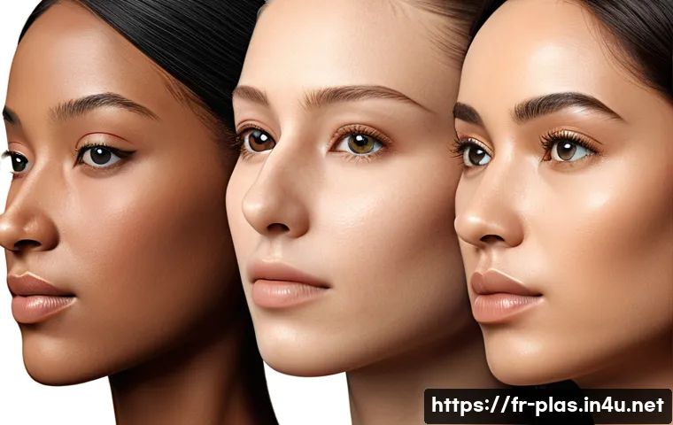 입체적인 코 성형 - A detailed 3D medical illustration of diverse human noses showing various anatomical features such a...