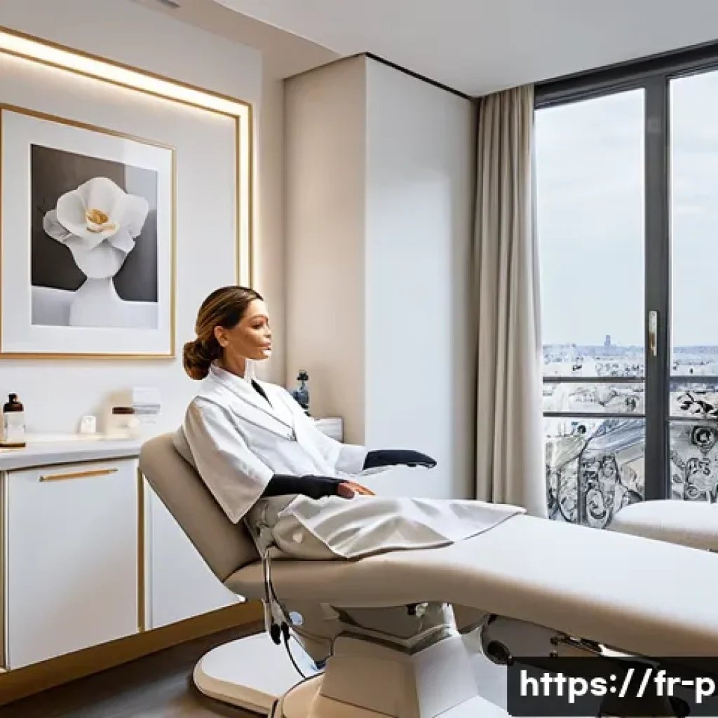 미니 리프팅 가격 - A modern aesthetic clinic in Paris, featuring a confident female patient in her 40s sitting comforta...
