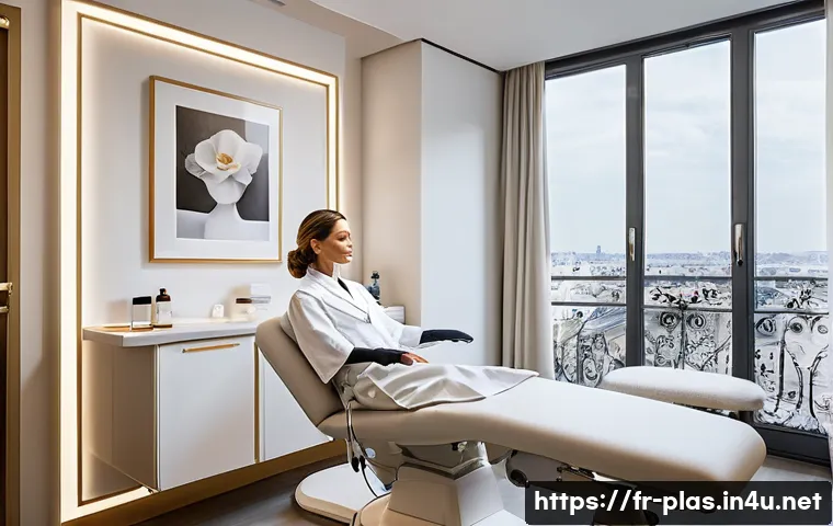 미니 리프팅 가격 - A modern aesthetic clinic in Paris, featuring a confident female patient in her 40s sitting comforta...