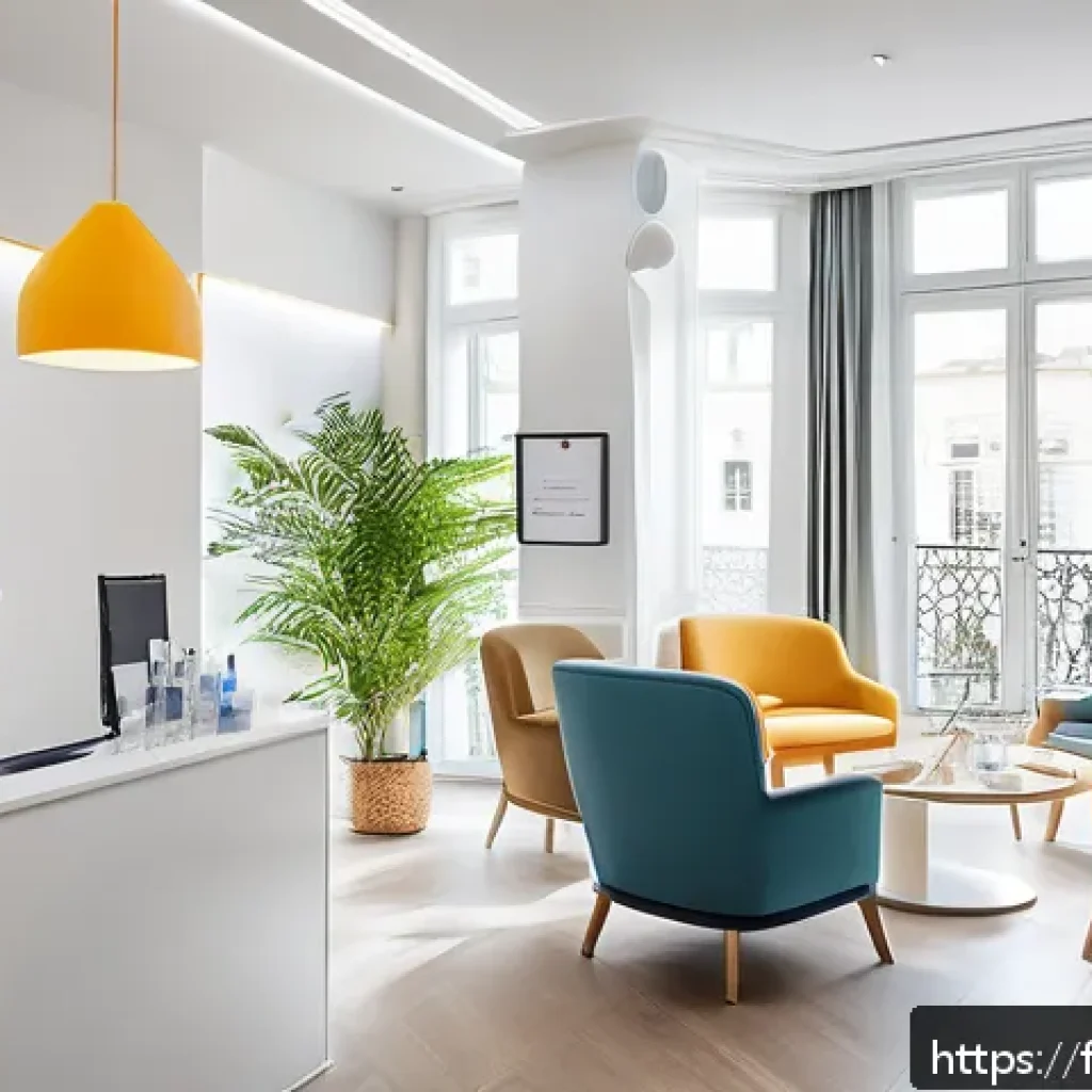 성형외과 이벤트 할인 - A bright and modern aesthetic clinic reception room in a sunny European city, featuring diverse adul...