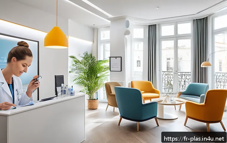 성형외과 이벤트 할인 - A bright and modern aesthetic clinic reception room in a sunny European city, featuring diverse adul...