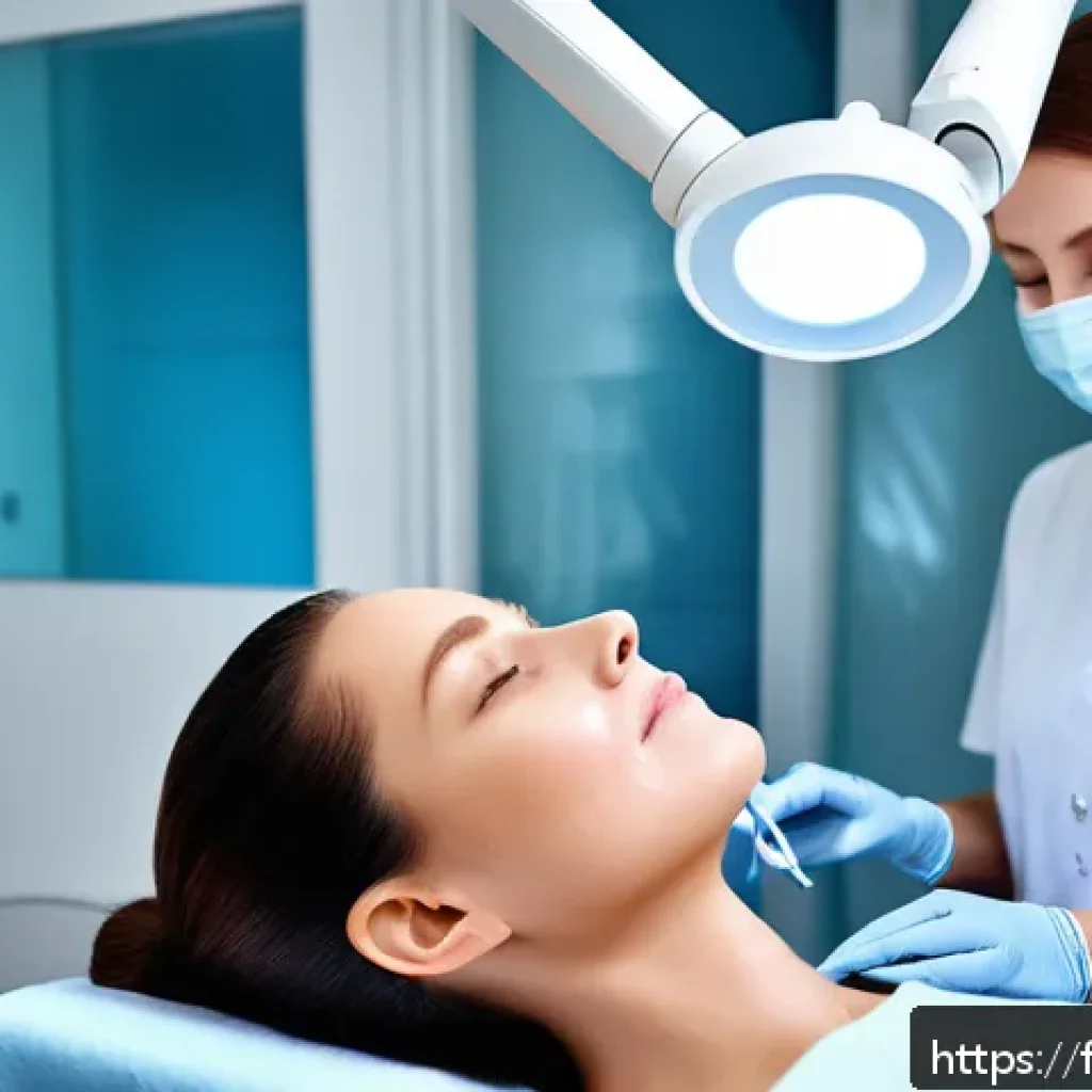레이저 리프팅 비교 - A modern dermatology clinic room with a professional female patient in her 40s undergoing fractional...