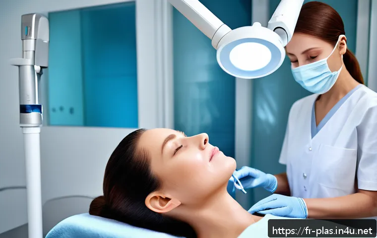 레이저 리프팅 비교 - A modern dermatology clinic room with a professional female patient in her 40s undergoing fractional...
