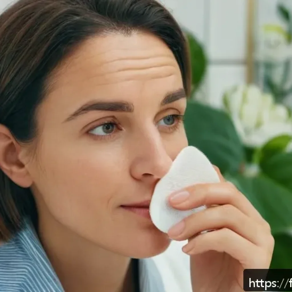 코 성형 후 관리법 - A serene French woman in her 30s gently cleansing her nose with a soft cotton pad soaked in a fragra...