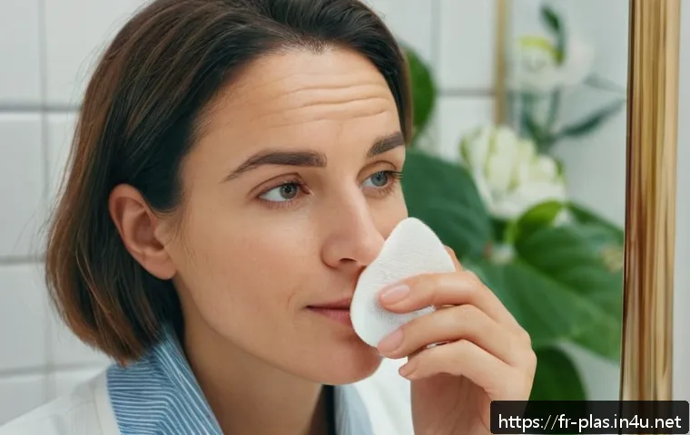 코 성형 후 관리법 - A serene French woman in her 30s gently cleansing her nose with a soft cotton pad soaked in a fragra...