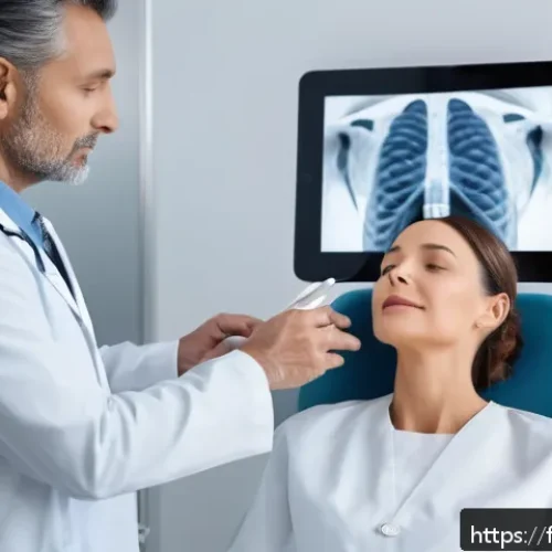 안면윤곽 재수술 - A serene medical consultation scene in a modern French clinic, featuring a middle-aged woman wearing...