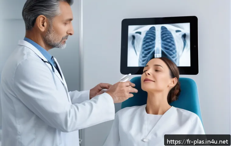 안면윤곽 재수술 - A serene medical consultation scene in a modern French clinic, featuring a middle-aged woman wearing...