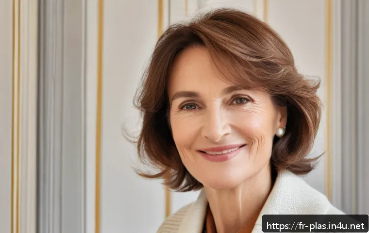 중안면 리프팅 장점 - A natural-looking middle-aged French woman in her 50s with subtle facial volume restoration, showing...