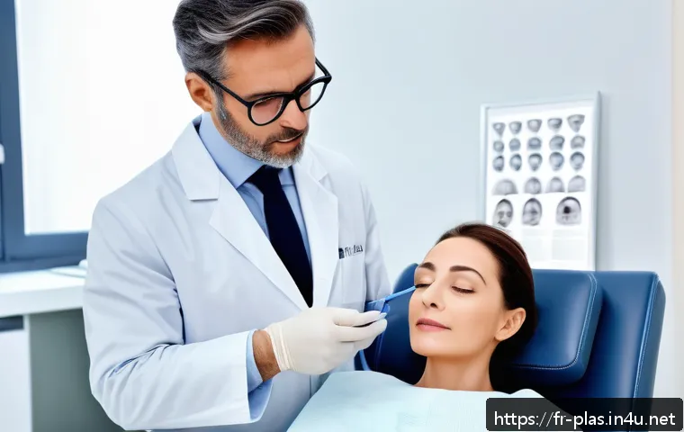 상안검 수술 후기 - A professional consultation scene in a modern Parisian plastic surgery clinic, featuring a confident...