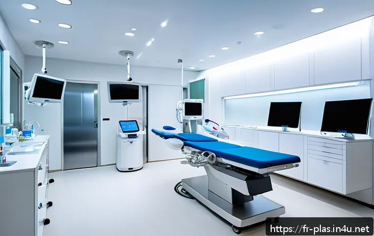 성형외과 선택 기준 - A modern French cosmetic surgery clinic interior showcasing a high-tech operating room with state-of...